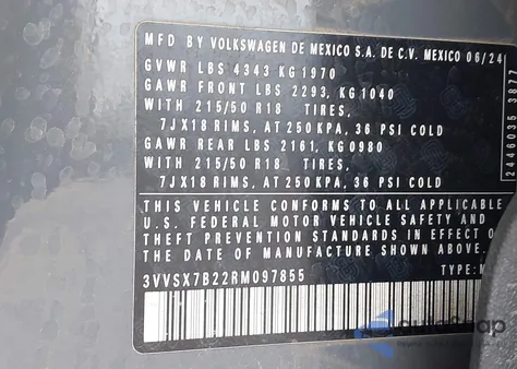 2024 Volkswagen Taos 1.5T Se from USA, damaged, VIN 3VVSX7B22RM097855